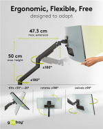 Goobay Enkelt skjermfeste Gaming med gassfjær, svart for XL-skjermer fra 17 til 49 tommer (43 - 124 cm), maks. 20 kg, kraftig feste for tunge gaming- og buede skjermer, enkel snap-in-montering av armene