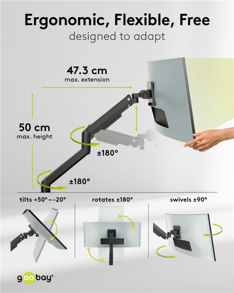 Goobay Enkelt skjermfeste Gaming med gassfjær, svart for XL-skjermer fra 17 til 49 tommer (43 - 124 cm), maks. 20 kg, kraftig feste for tunge gaming- og buede skjermer, enkel snap-in-montering av armene