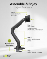 Goobay Enkelt skjermfeste Gaming med gassfjær, svart for XL-skjermer fra 17 til 49 tommer (43 - 124 cm), maks. 20 kg, kraftig feste for tunge gaming- og buede skjermer, enkel snap-in-montering av armene