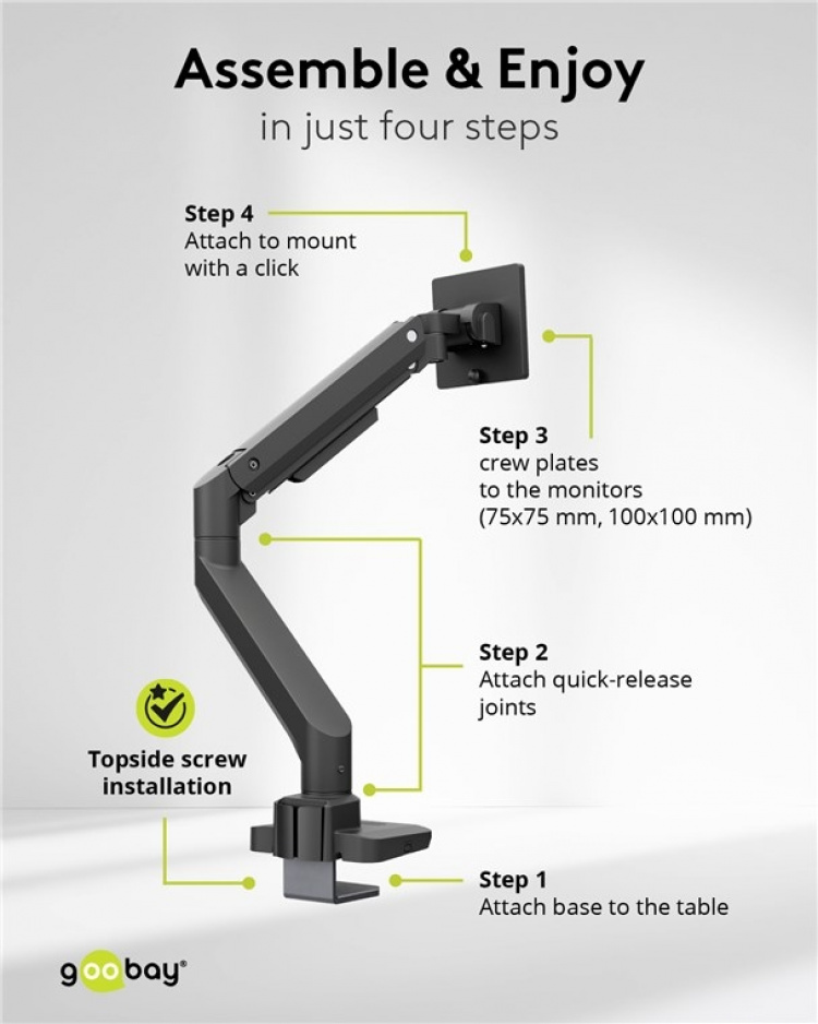 Goobay Enkelt skjermfeste Gaming med gassfjær, svart for XL-skjermer fra 17 til 49 tommer (43 - 124 cm), maks. 20 kg, kraftig feste for tunge gaming- og buede skjermer, enkel snap-in-montering av armene