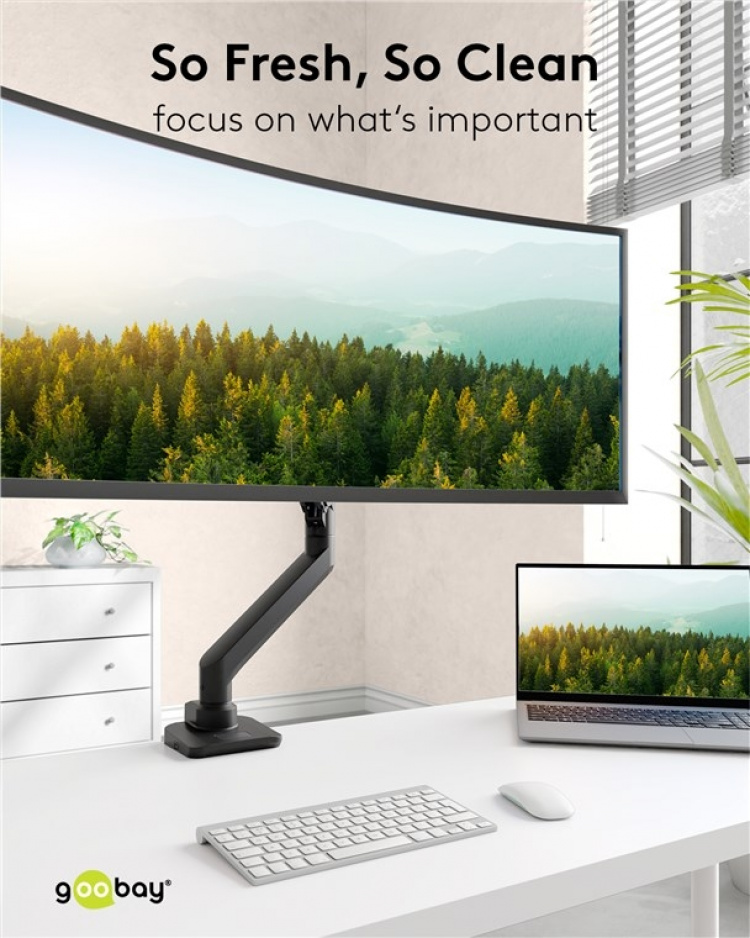 Goobay Enkelt skjermfeste Gaming med gassfjær, svart for XL-skjermer fra 17 til 49 tommer (43 - 124 cm), maks. 20 kg, kraftig feste for tunge gaming- og buede skjermer, enkel snap-in-montering av armene