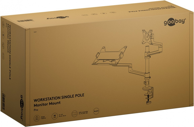 Goobay Deluxe skjermfeste med arm for bærbar PC, svart arbeidsstasjon for skjermer fra 17 til 32 tommer (43 - 81 cm) pluss en bærbar PC, skjerm maks. 8 kg/laptop 5 kg