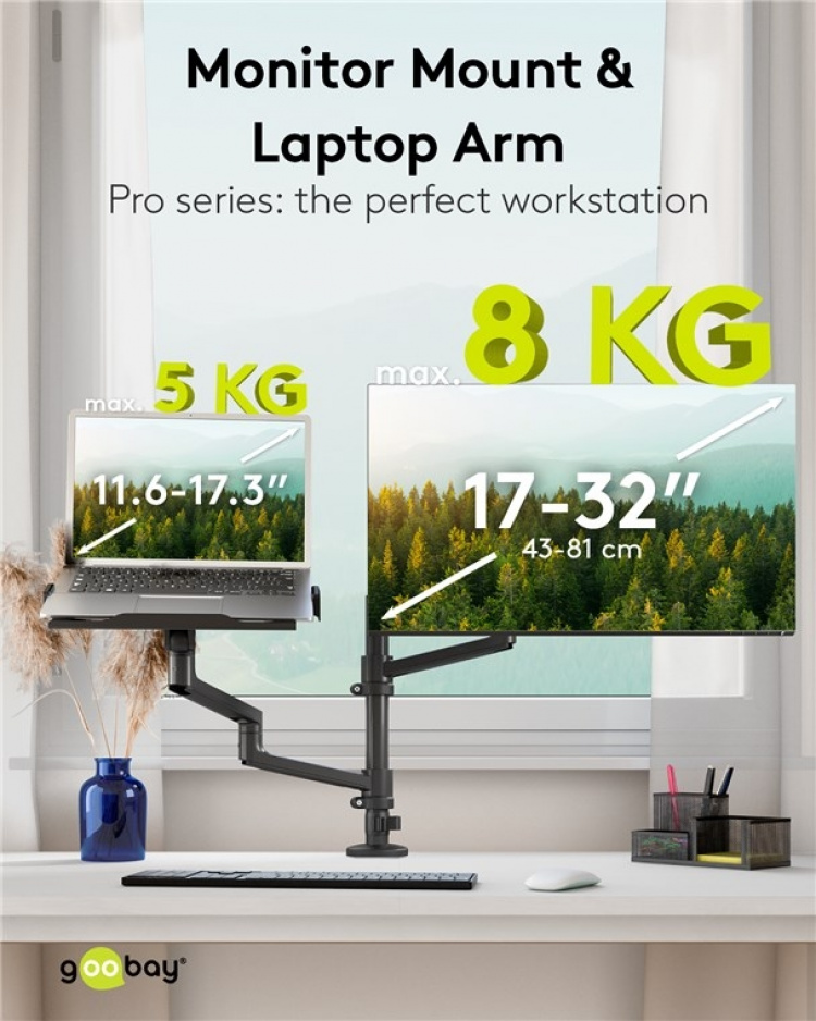 Goobay Deluxe skjermfeste med arm for bærbar PC, svart arbeidsstasjon for skjermer fra 17 til 32 tommer (43 - 81 cm) pluss en bærbar PC, skjerm maks. 8 kg/laptop 5 kg