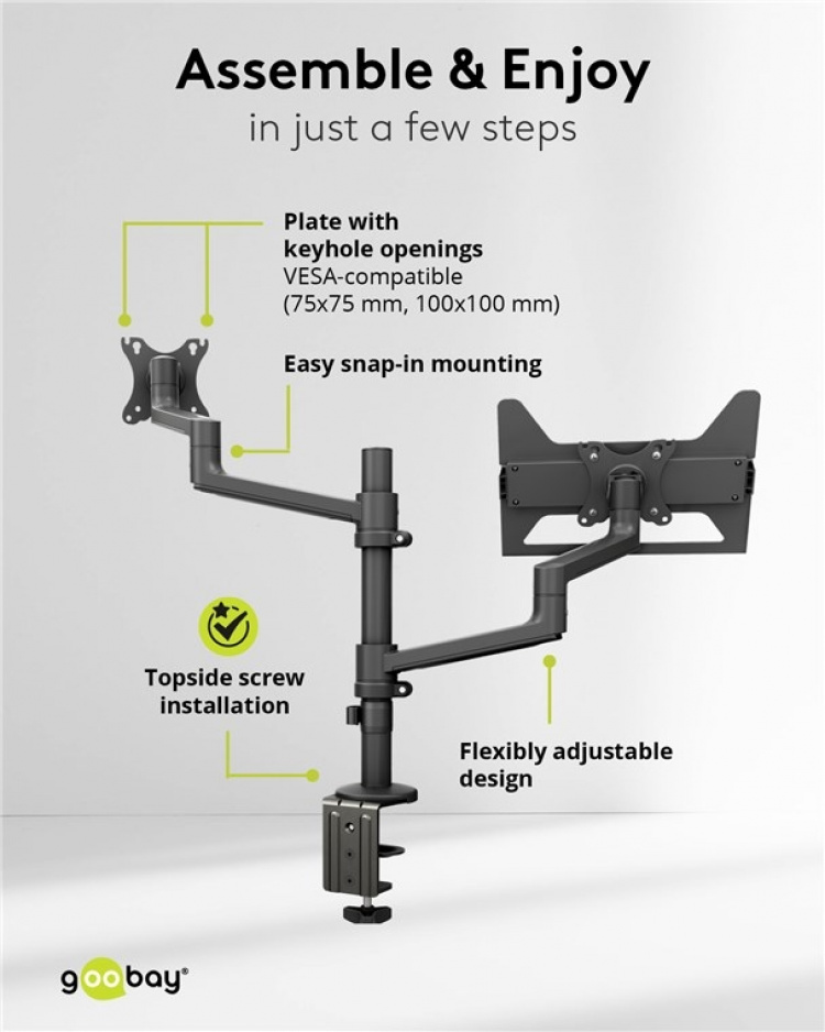 Goobay Deluxe skjermfeste med arm for bærbar PC, svart arbeidsstasjon for skjermer fra 17 til 32 tommer (43 - 81 cm) pluss en bærbar PC, skjerm maks. 8 kg/laptop 5 kg