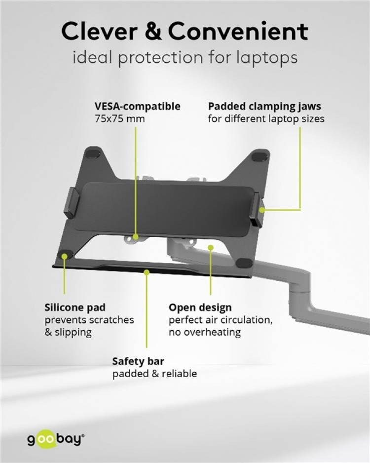 Goobay Deluxe skjermfeste med arm for bærbar PC, svart arbeidsstasjon for skjermer fra 17 til 32 tommer (43 - 81 cm) pluss en bærbar PC, skjerm maks. 8 kg/laptop 5 kg