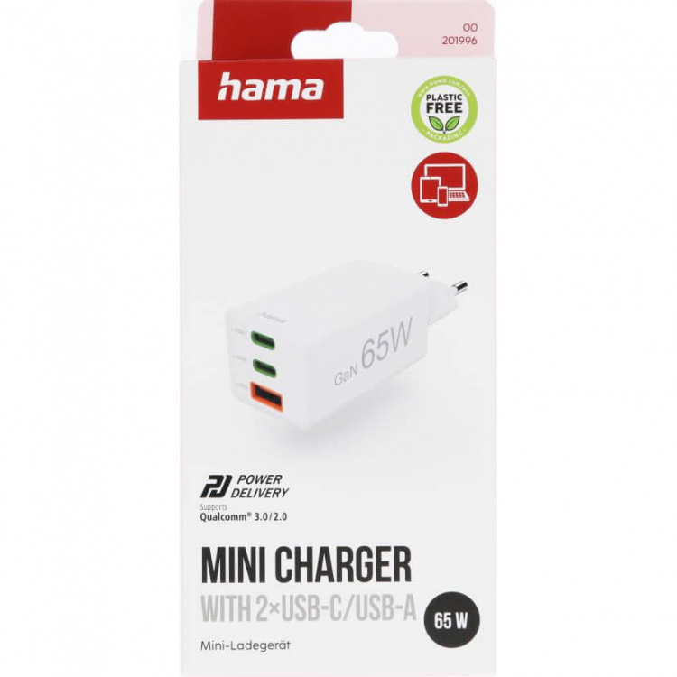 Hama Lader 2x USB-C 1x USB-A GaN 65W Hvit