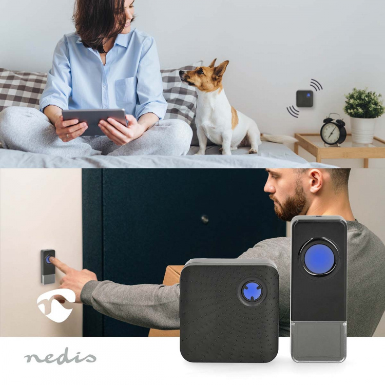 Nedis Trådløs ringeklokke Set | Nettstrøm drevet | 100 - 240 V AC 50/60 Hz | 1x 23A 12V | Volum: 110 dB | Signalområde (siktelinje): 150 m | IP55 | Justerbar volum | 58 Melodies | 1 Mottaker | Sort