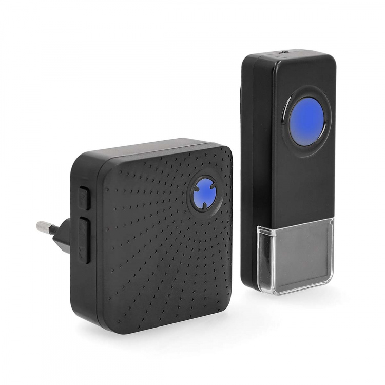 Nedis Trådløs ringeklokke Set | Nettstrøm drevet | 100 - 240 V AC 50/60 Hz | 1x 23A 12V | Volum: 110 dB | Signalområde (siktelinje): 150 m | IP55 | Justerbar volum | 58 Melodies | 1 Mottaker | Sort