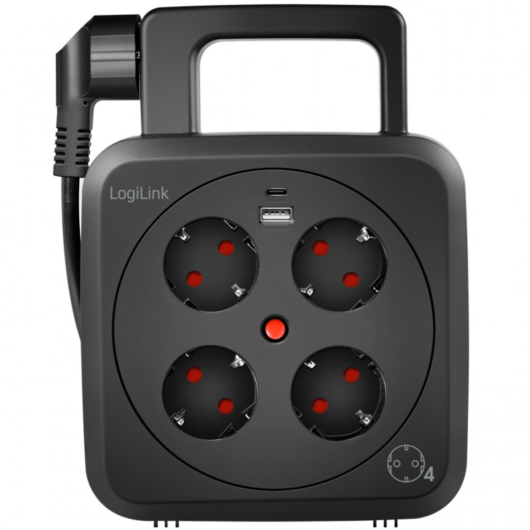 LogiLink Kabeltrommel 5 meter 4 jordede stikkontakter + USB-A/USB-C 20W IP20