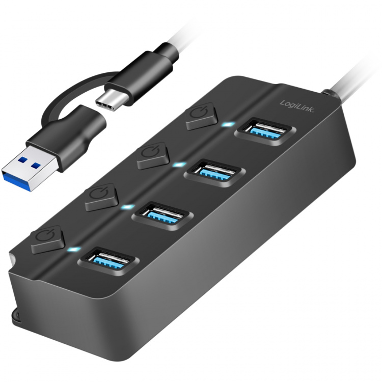LogiLink USB-nav med 4 porter og separate på/av-knapper USB-C/USB-A i USB 3.2 Gen1