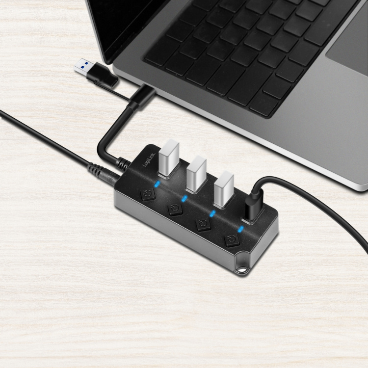 LogiLink USB-nav med 4 porter og separate på/av-knapper USB-C/USB-A i USB 3.2 Gen1