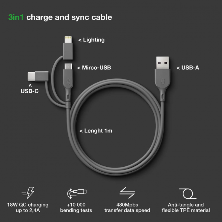 GP Kabel USB-A Til USB-C 3-I-1 Micro-USB + Lightning CY1N 1m GP Kabel USB-A Til USB-C 3-I-1 Micro-USB + Lightning CY1N 1m