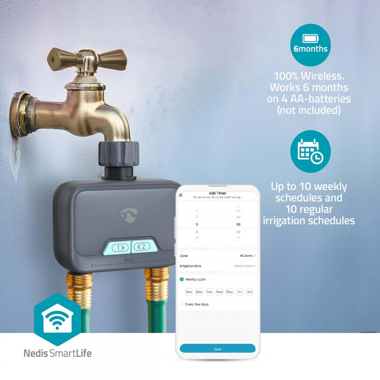 Nedis SmartLife Vannkontroll | Bluetooth® | Batteri drevet | IP54 | Maksimal vanntrykk: 8 Bar | Android™ / IOS