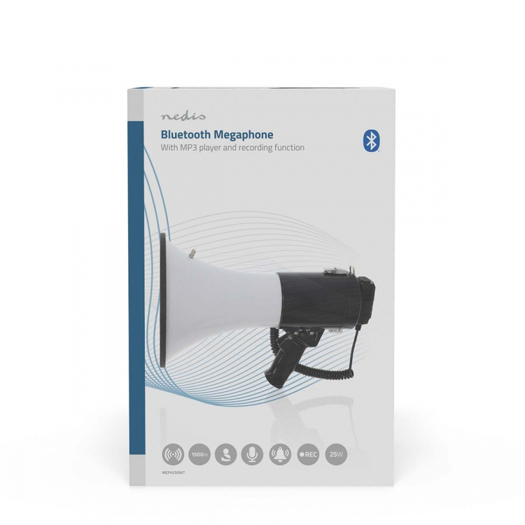 Nedis megafon | Maksimal rekkevidde: 1500 m | Maksimal volumkontroll: 120 dB | Avtagbar Mikrofon | Innebygd sirene | Bluetooth® | Opptaksfunksjon | USB-avspilling | Skulderstropp | Hvit / Sort