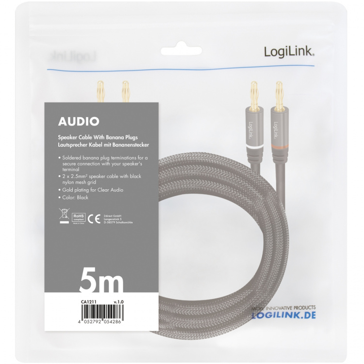 LogiLink Høyttalerkabel 2 x 2,5 mm² med banankontakter Svart 5 meter LogiLink Høyttalerkabel 2 x 2,5 mm² med banankontakter Svart 5 meter