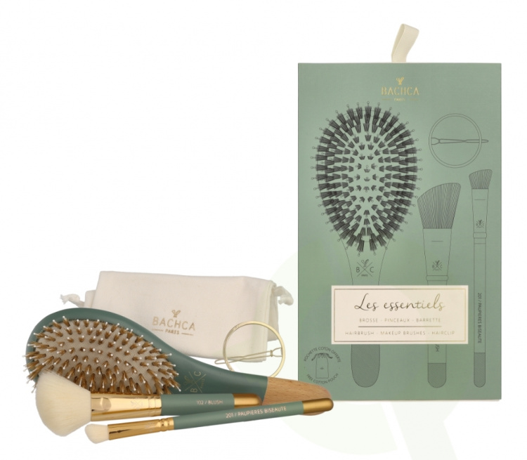 Bachca Paris Les Essentials Eucalyptus Hair Set 4 piece 1x Nylon Brush/1x Blush Brush/1x Contour Shader Brush/1x Round Hair Clip