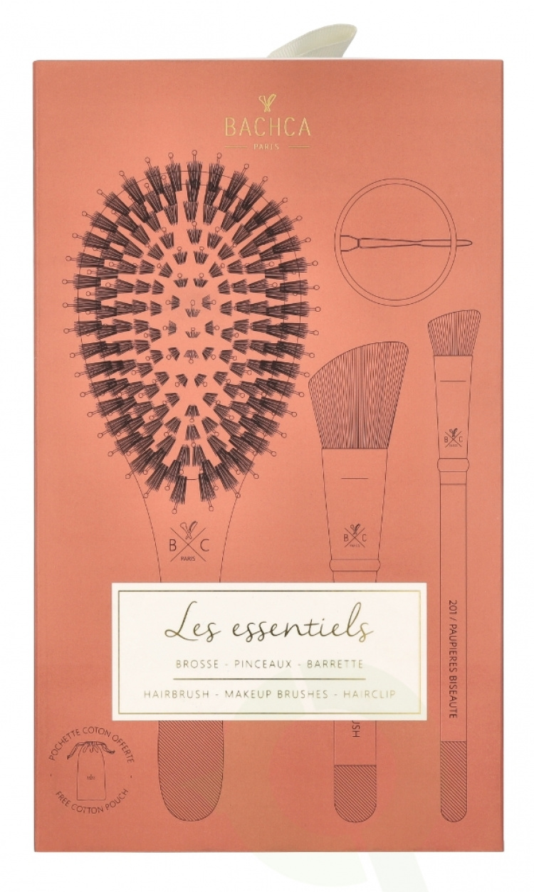 Bachca Paris The Essentials Hair Terracotta Set 5 deler 1x Large Boar & Nylon Hair Brush/1x Blush Brush/1x Contour Shader Brush/ 1x Round Clip/1x Cotton Pouch