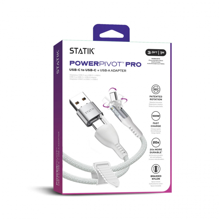 STATIK Kabel PowerPivot Pro Nylonflettet USB-C Til USB-C Hvit 1 m