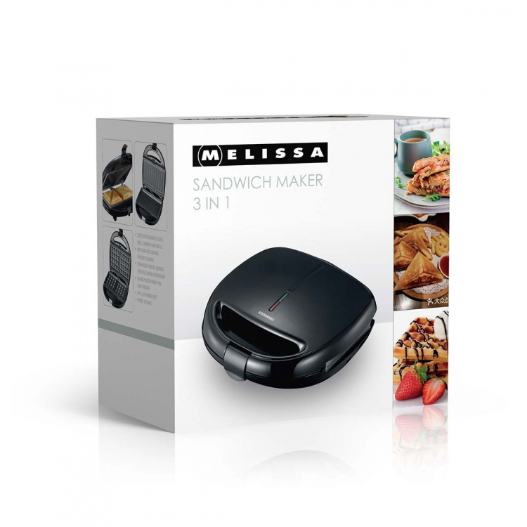 MELISSA 3-i-1 Sandwich Maker | Sandwich/ Panini/ Vaffelplater | 850 W | Automatisk temperaturkontroll | Non-stick-belegg | Svart