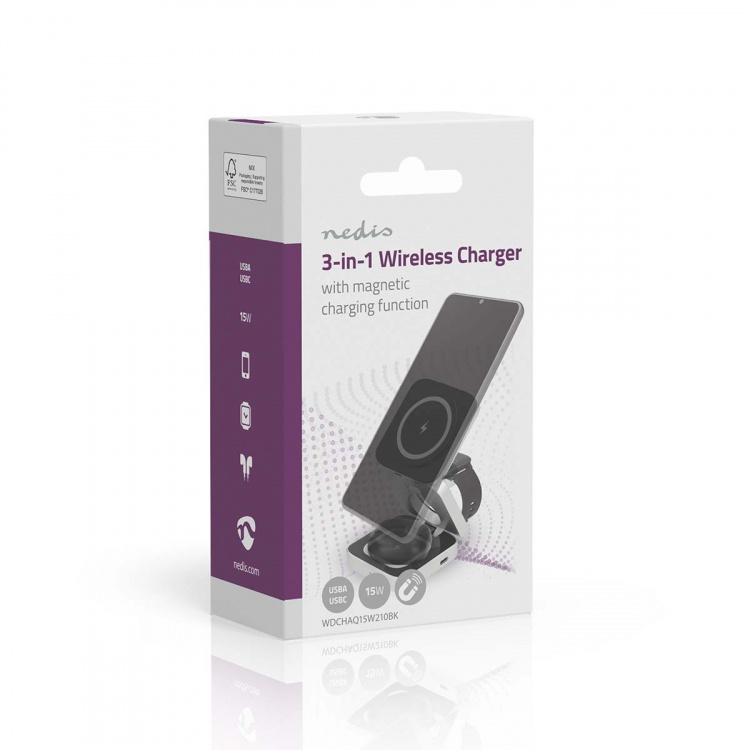 Nedis Trådløs lader | 3-in-1 | 2.5 / 5 / 15 W | LED indikator brukes | Inkludert kabel | USB-A / USB-C™ | 1.50 m