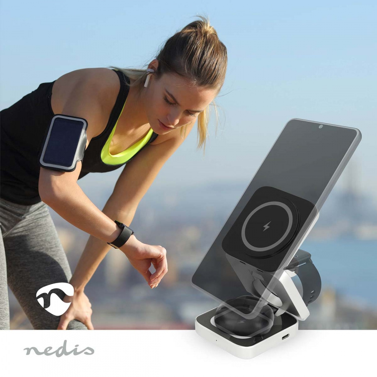 Nedis Trådløs lader | 3-in-1 | 2.5 / 5 / 15 W | LED indikator brukes | Inkludert kabel | USB-A / USB-C™ | 1.50 m