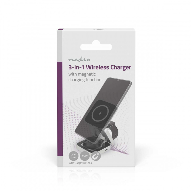 Nedis Trådløs lader | 3-in-1 | 2.5 / 5 / 15 W | LED indikator brukes | Inkludert kabel | USB-A / USB-C™ | 1.50 m