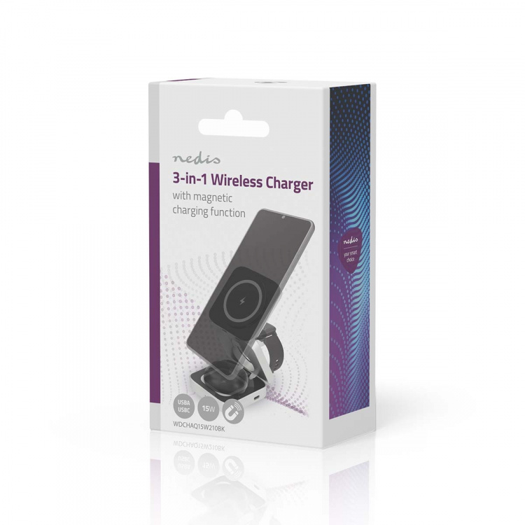 Nedis Trådløs lader | 3-in-1 | 2.5 / 5 / 15 W | LED indikator brukes | Inkludert kabel | USB-A / USB-C™ | 1.50 m