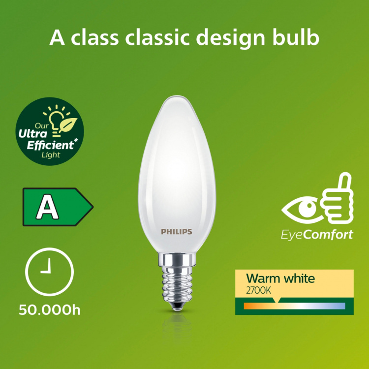 Philips LED E14 Crown B35 2,3W (40W) Frostet 485lm 2700K Energiklasse A Philips LED E14 Crown B35 2,3W (40W) Frostet 485lm 2700K Energiklasse A