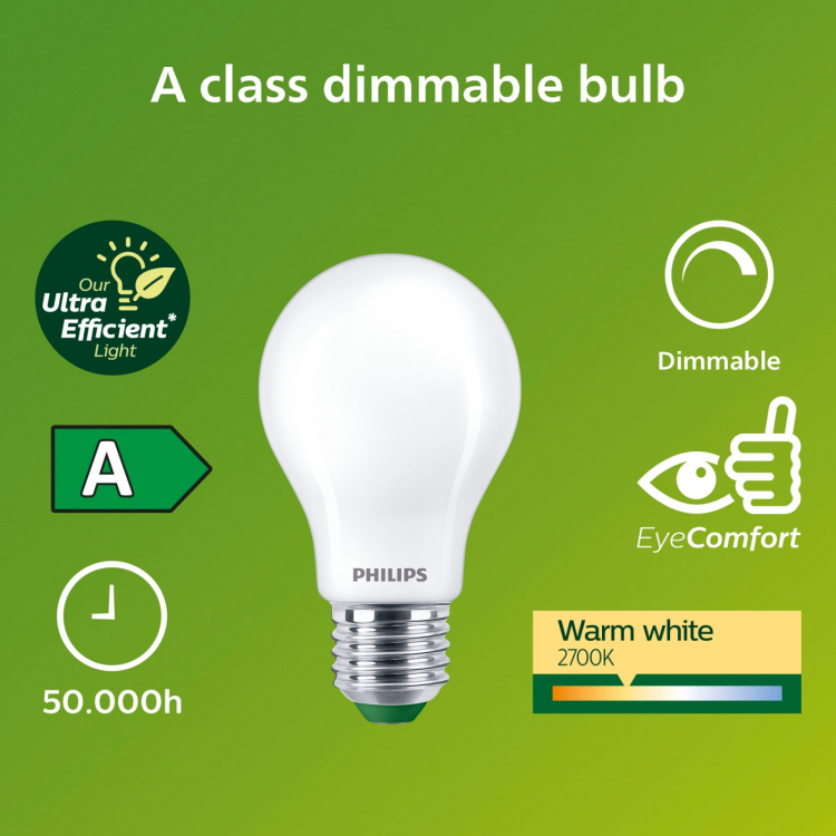 Philips LED E27 Normal A60 4W (60W) Frostet 840lm Dimbar 2700K Energiklasse A
