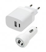 Speedlink Vegg- og billadersett USB-A og USB-C 15W, hvit