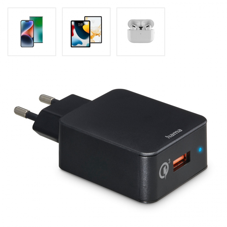 Hama Hurtiglader Fast Charger 1x USB-A Qualcomm 19.5w Svart