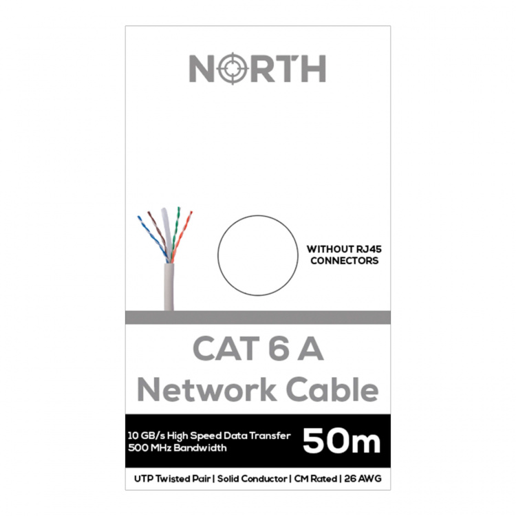 North Nettverkskabel Cat6A UTP Hvit 50m kontaktløs Solid 10Gb/s 500MHz 26awg CM North Nettverkskabel Cat6A UTP Hvit 50m kontaktløs Solid 10Gb/s 500MHz 26awg CM
