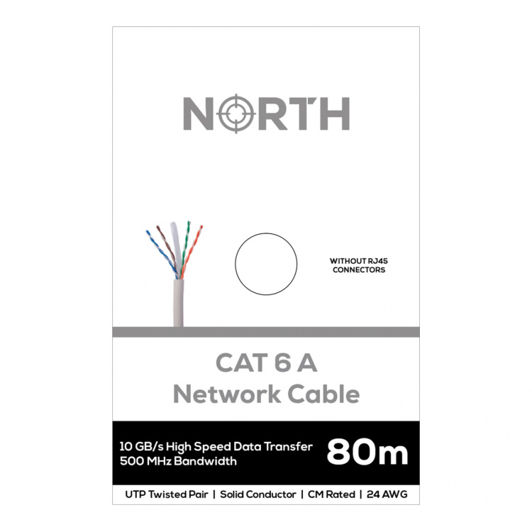 North Nettverkskabel Cat6A UTP Hvit 80m kontaktløs Solid 10Gb/s 500MHz 24awg CM North Nettverkskabel Cat6A UTP Hvit 80m kontaktløs Solid 10Gb/s 500MHz 24awg CM