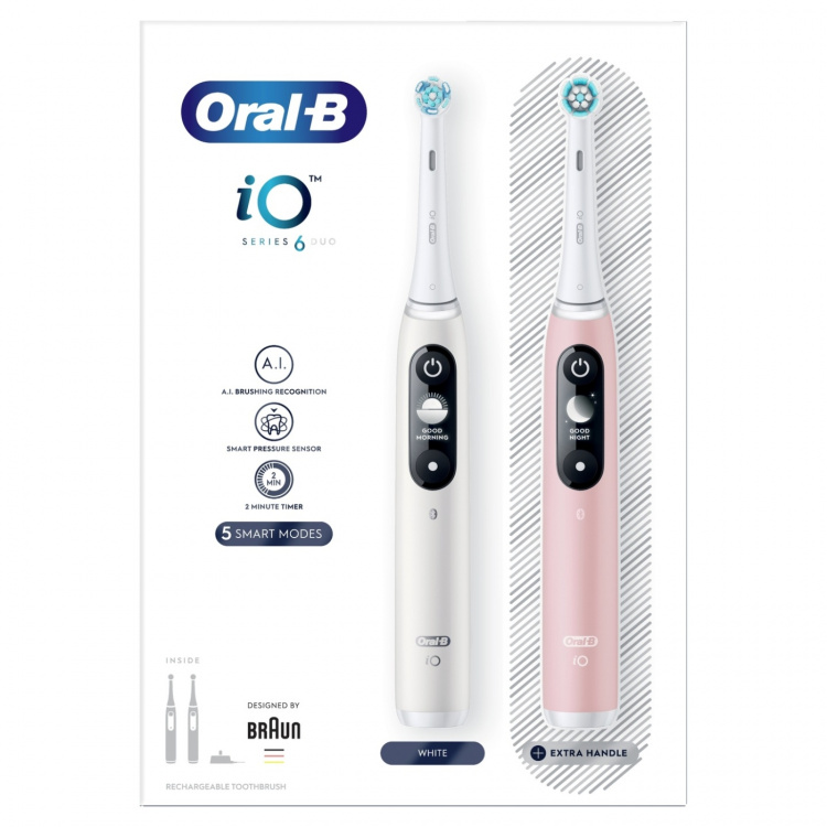 Oral B iO Series 6 Duo hvit/rosa 2 stk. elektrisk tannbørste Oral B iO Series 6 Duo hvit/rosa 2 stk. elektrisk tannbørste