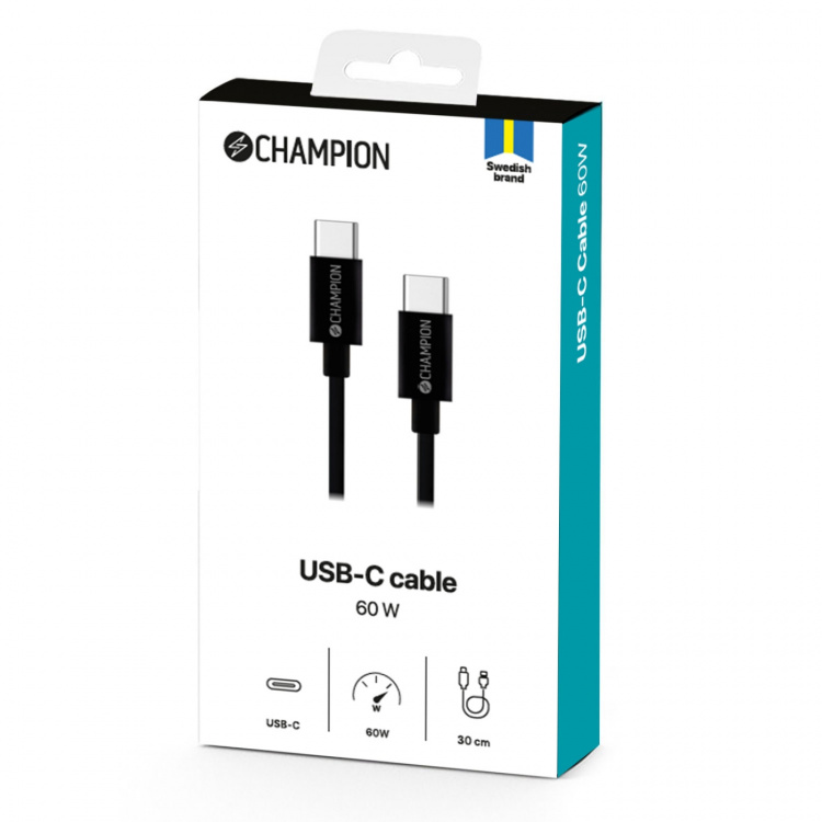 Champion USB-C-kabel 30 cm, svart Champion USB-C-kabel 30 cm, svart