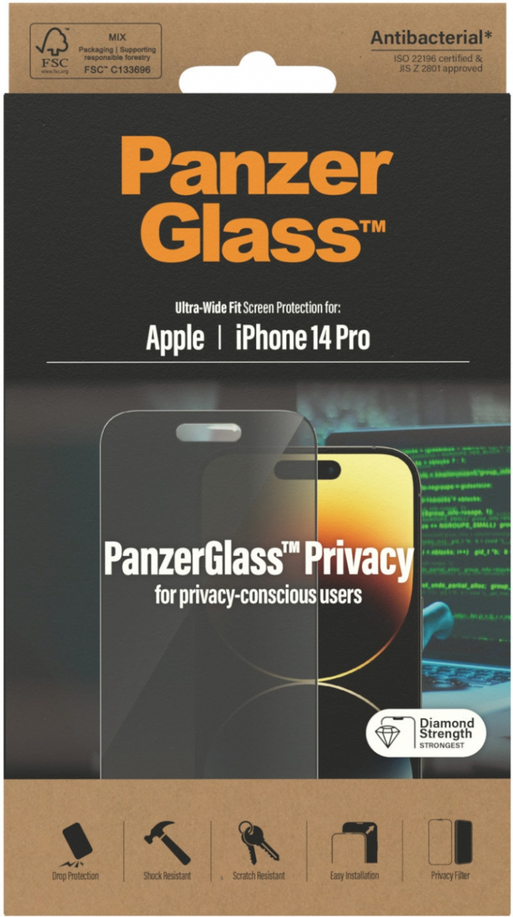 PanzerGlass Ultra Wide Fit Privacy-skjermbeskytter, iPhone 14 Pro, svart ramme