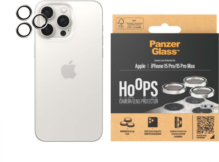 PanzerGlass Hoops kameralinsedeksel, iPhone 15 Pro / 15 Pro Max, hvitt metall