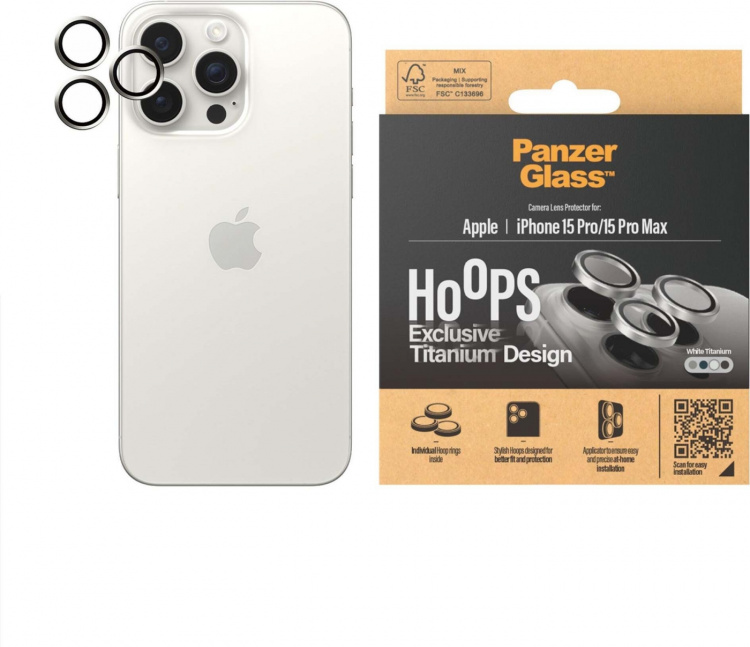 PanzerGlass Hoops kameralinsedeksel, iPhone 15 Pro / 15 Pro Max, hvit titan
