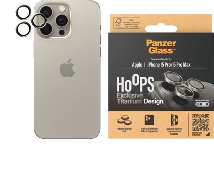 PanzerGlass Hoops kameralinse-deksel, iPhone 15 Pro / 15 Pro Max, titan PanzerGlass Hoops kameralinse-deksel, iPhone 15 Pro / 15 Pro Max, titan
