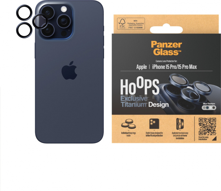 PanzerGlass Hoops kameralinsedeksel, iPhone 15 Pro / 15 Pro Max, blå titan