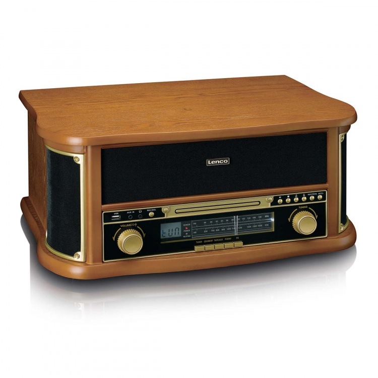 Lenco Retro platespiller i tre med Bluetooth® AM/FM-radio, USB-koding, CD-spiller, kassettspiller og innebygde høyttalere Lenco Retro platespiller i tre med Bluetooth® AM/FM-radio, USB-koding, CD-spiller, kassettspiller og innebygde høyttalere