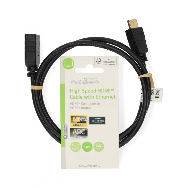 Nedis High Speed ​​HDMI ™ kabel med Ethernet | HDMI ™ -kontakt | HDMI™ Output | 4K@60Hz | ARC | 10.2 Gbps | 1.00 m | Rund | PVC | Sort | Label