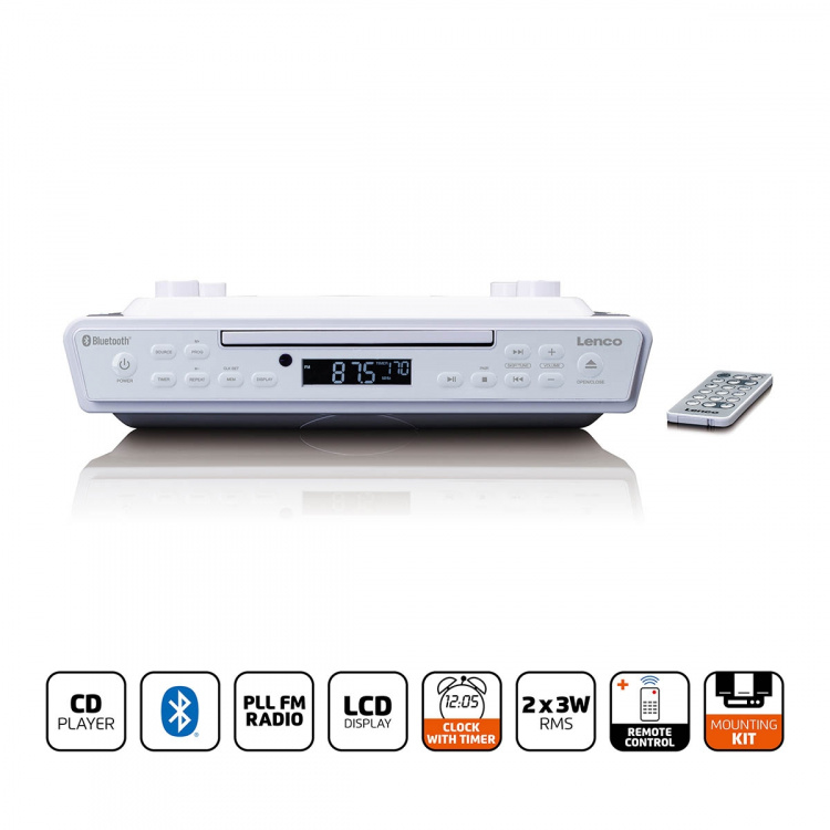 Lenco Kjøkkenklokkeradio med CD Bluetooth® og fjernkontroll Hvit