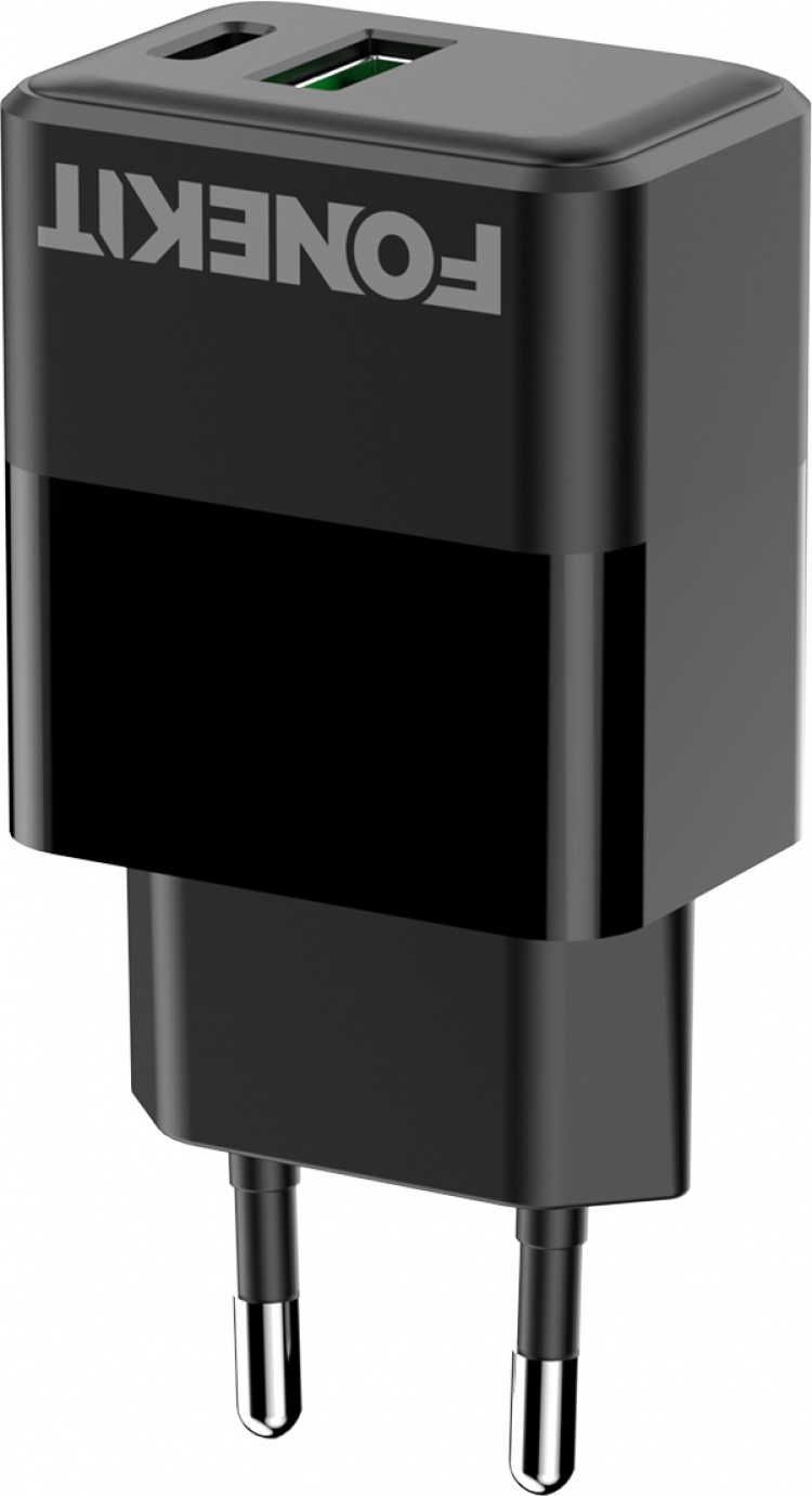FoneKit Dobbel 20W-lader, USB-C + USB-A, svart