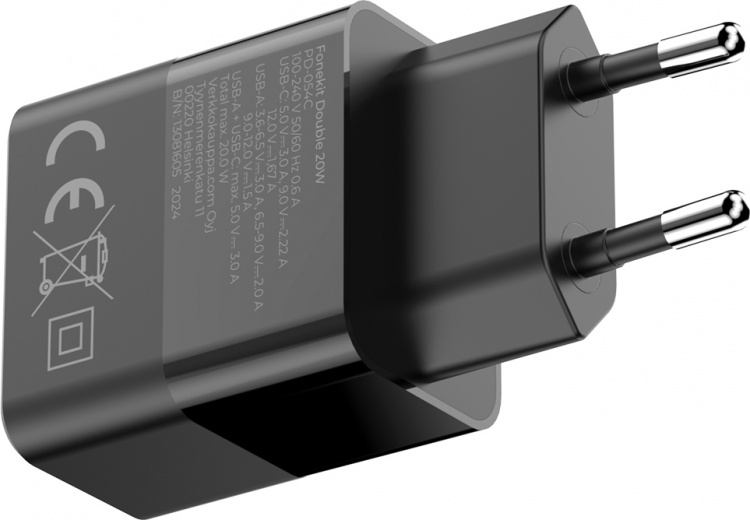 FoneKit Dobbel 20W-lader, USB-C + USB-A, svart