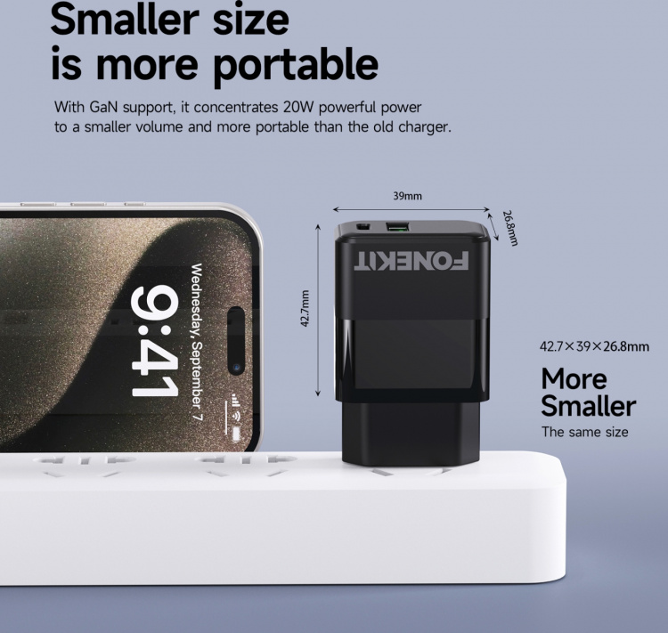 FoneKit Dobbel 20W-lader, USB-C + USB-A, svart