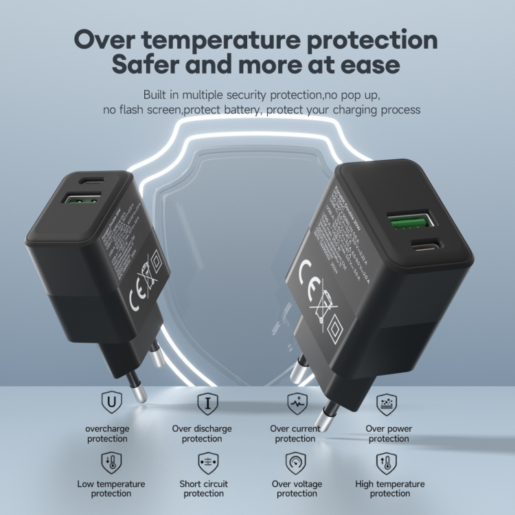 FoneKit Dobbel 20W-lader, USB-C + USB-A, svart