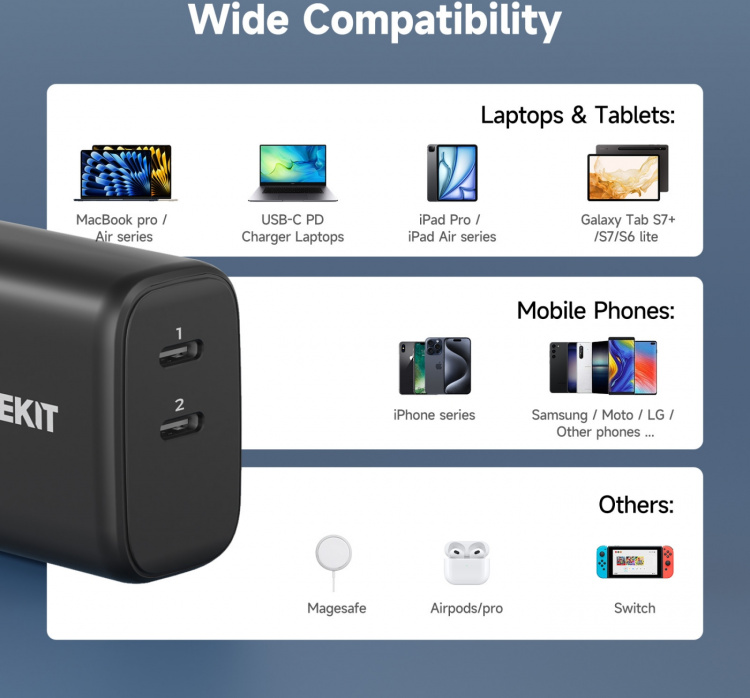 FoneKit GaN PD 65W AC-lader, USB-C + USB-C, svart