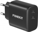 FoneKit GaN PD 65W AC-lader, USB-C + USB-C, svart
