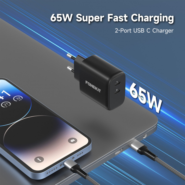 FoneKit GaN PD 65W AC-lader, USB-C + USB-C, svart